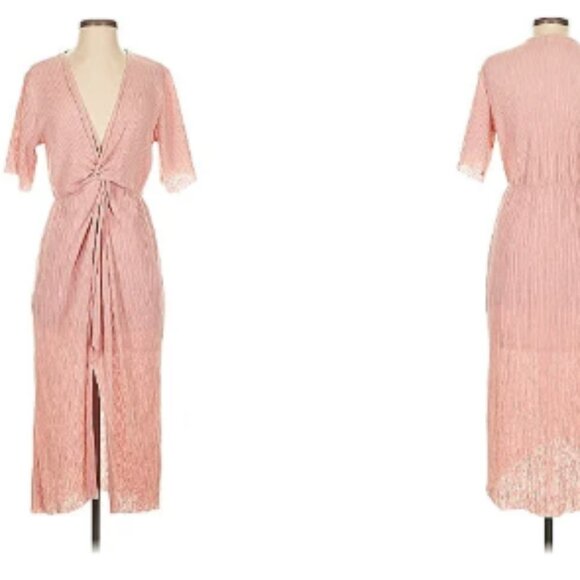 All In Favor Dolman Plissé Midi Dress w Center Twist Knot Deep V Neckline - Picture 4 of 15